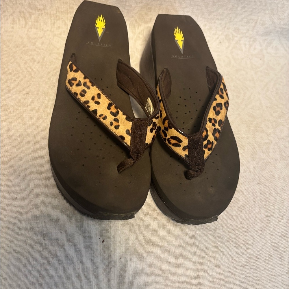 Volatile Leopard Print Wedge Sandals - Black and Brown